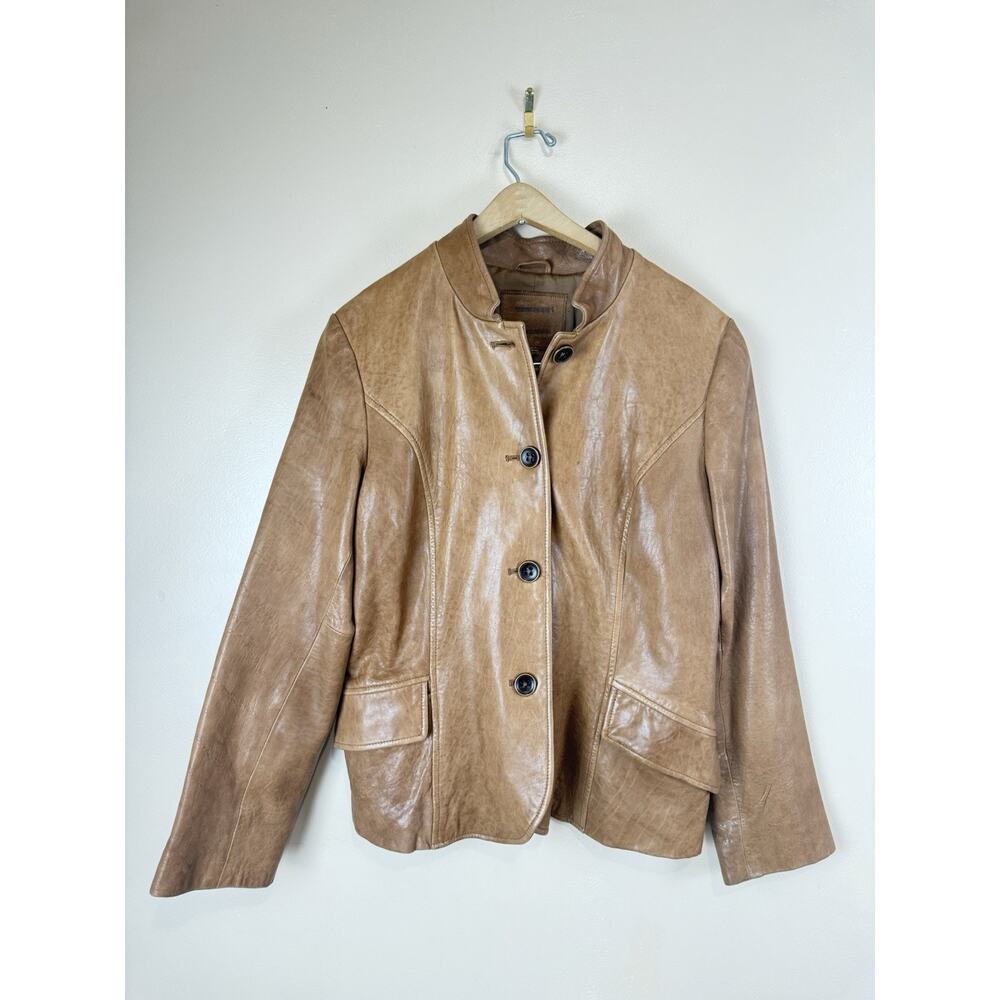 Leather Blazer Jacket with Mao Collar, Front Pockets – Brown Approx. Size M